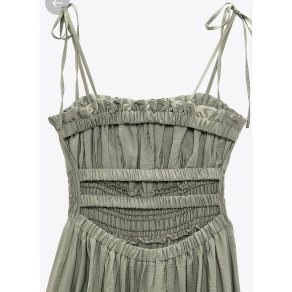 Zara Green Open Elastic Ruffle Back Spaghetti Strap Midi Dress - Picture 6 of 13